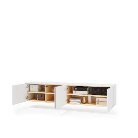 Tv-benk LIBA 195x42 cm - hvit matt - eik - vegghengt - med LED lys