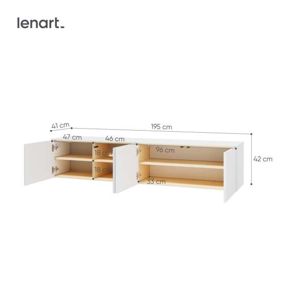 Tv-benk LIBA 195x42 cm - hvit matt - eik - vegghengt - med LED lys