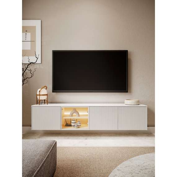 Tv-benk LIBA 195x42 cm - hvit matt - eik - vegghengt - med LED lys