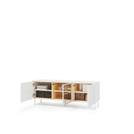 Tv-benk LIBA 147x57 cm - hvit matt - eik - med LED lys