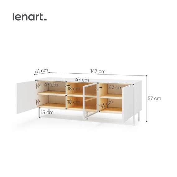 Tv-benk LIBA 147x57 cm - hvit matt - eik - med LED lys