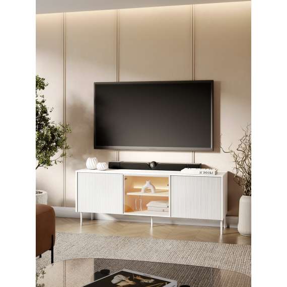 Tv-benk LIBA 147x57 cm - hvit matt - eik - med LED lys