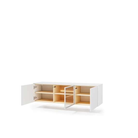 Tv-benk LIBA 147x42 cm - hvit matt - eik - vegghengt - med LED lys