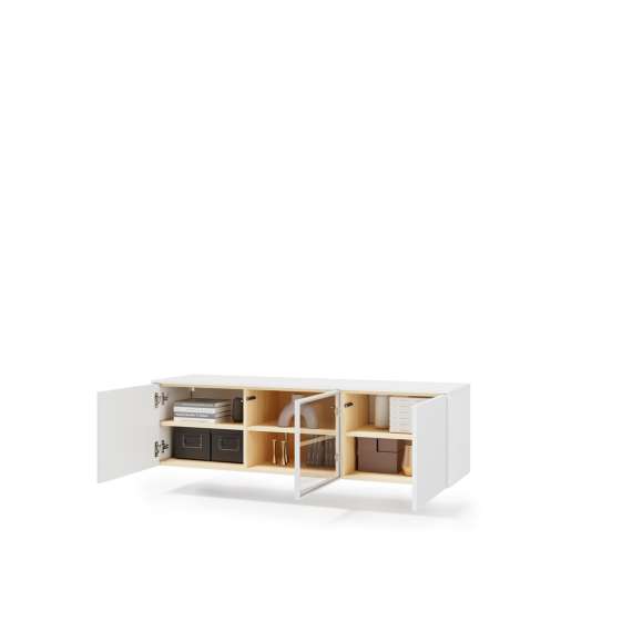Tv-benk LIBA 147x42 cm - hvit matt - eik - vegghengt - med LED lys