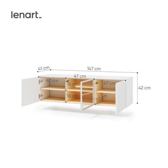 Tv-benk LIBA 147x42 cm - hvit matt - eik - vegghengt - med LED lys