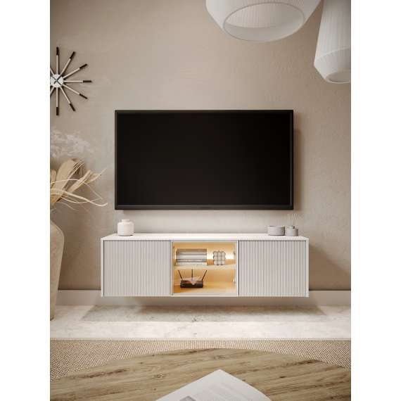 Tv-benk LIBA 147x42 cm - hvit matt - eik - vegghengt - med LED lys