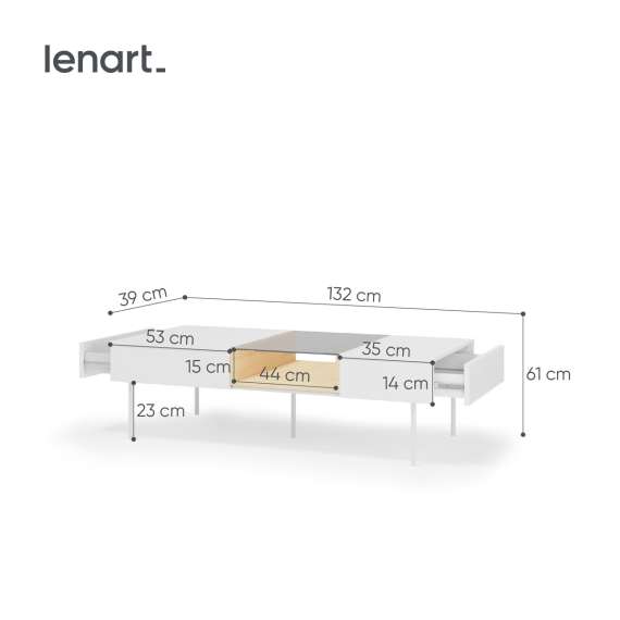 Sofabord LIBA 132x61 cm - hvit matt - eik - med skuffer