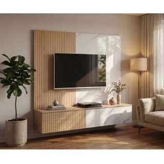 Tv-benk med veggpanel NOIR I - 160x148 cm - eik cremona - imitasjon marmor hvit- spiler