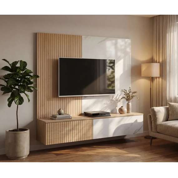 Tv-benk med veggpanel NOIR I - 160x148 cm - eik cremona - imitasjon marmor hvit- spiler