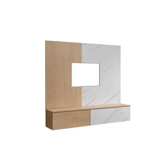 Tv-benk med veggpanel NOIR I - 160x148 cm - eik cremona - imitasjon marmor hvit- spiler