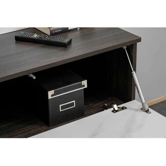 Tv-benk med veggpanel NOIR II - 160x148 cm - eik grafitt - hvit marmor imitasjon - spiler