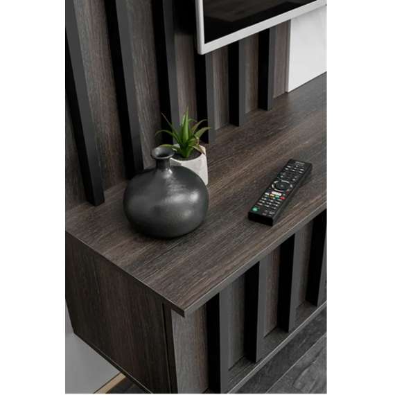 Tv-benk med veggpanel NOIR II - 160x148 cm - eik grafitt - hvit marmor imitasjon - spiler