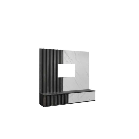 Tv-benk med veggpanel NOIR II - 160x148 cm - eik grafitt - hvit marmor imitasjon - spiler