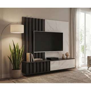 Tv-benk med veggpanel NOIR II - 160x148 cm - eik grafitt - hvit marmor imitasjon - spiler