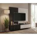 Tv-benk med veggpanel NOIR II - 160x148 cm - eik grafitt - hvit marmor imitasjon - spiler