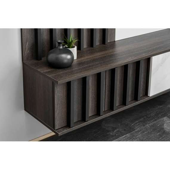 Tv-benk med veggpanel NOIR II - 160x148 cm - eik grafitt - hvit marmor imitasjon - spiler