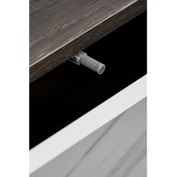 Tv-benk med veggpanel NOIR II - 160x148 cm - eik grafitt - hvit marmor imitasjon - spiler