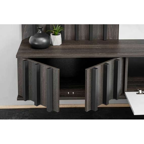 Tv-benk med veggpanel NOIR II - 160x148 cm - eik grafitt - hvit marmor imitasjon - spiler