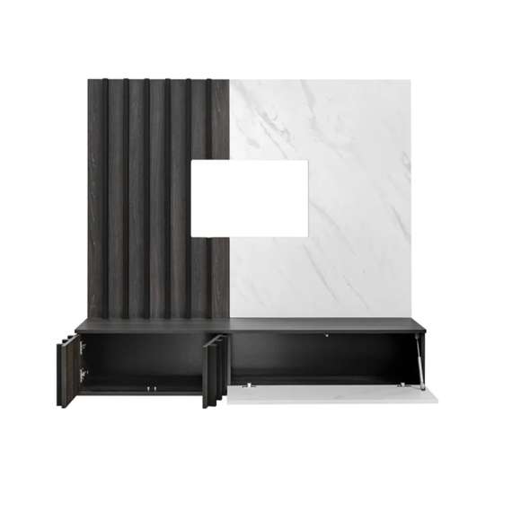 Tv-benk med veggpanel NOIR II - 160x148 cm - eik grafitt - hvit marmor imitasjon - spiler