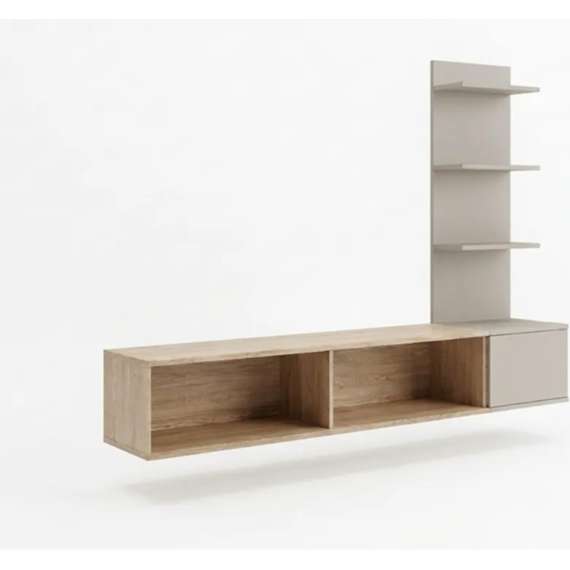 Tv-benk med veggpanel JOY - 168x130 cm - eik cremona - grå leire