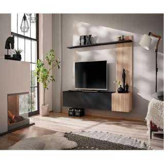 Tv-benk med veggpanel SOLO 180x132 cm - 3 dører - eik hickory - svart matt