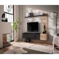 Tv-benk med veggpanel SOLO 180x132 cm - 3 dører - eik hickory - svart matt