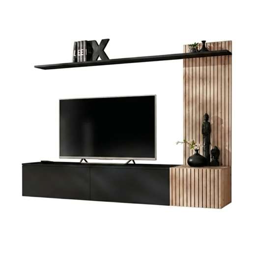 Tv-benk med veggpanel SOLO 180x132 cm - 3 dører - eik hickory - svart matt