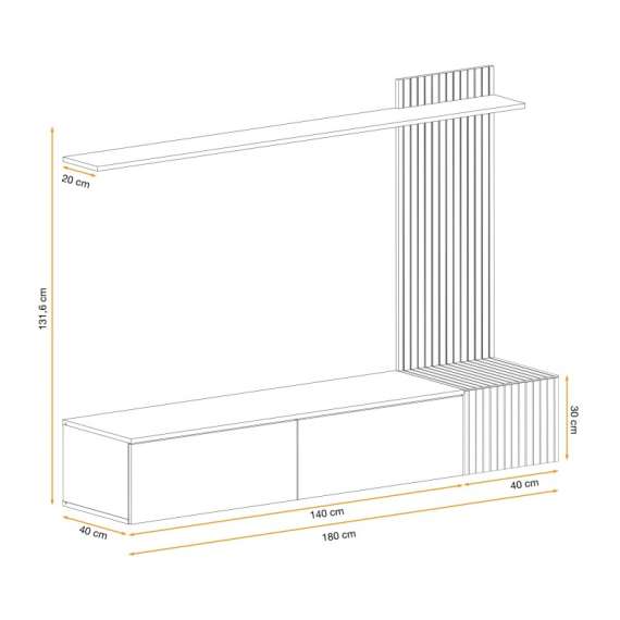 Tv-benk med veggpanel SOLO 180x132 cm - 3 dører - eik hickory - svart matt