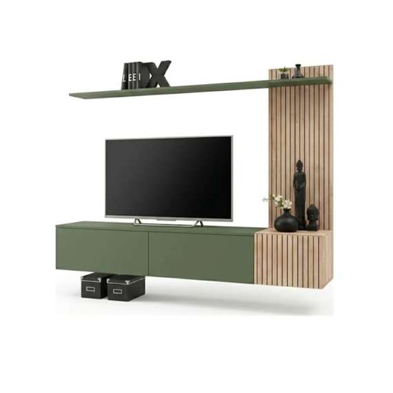 Tv-benk med veggpanel SOLO 180x132 cm - 3 dører - eik hickory - grønn