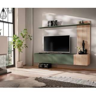 Tv-benk med veggpanel SOLO 180x132 cm - 3 dører - eik hickory - grønn