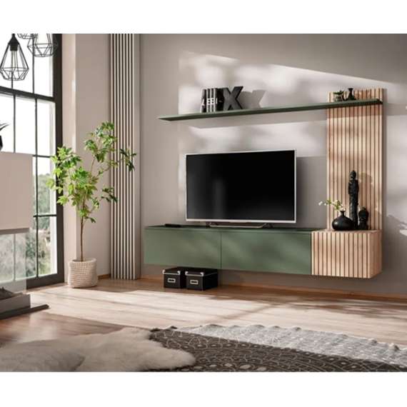 Tv-benk med veggpanel SOLO 180x132 cm - 3 dører - eik hickory - grønn