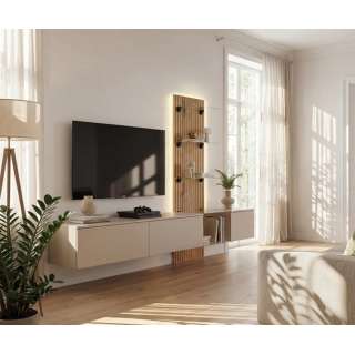 Tv-benk med veggpanel  LUZZ 220x160 cm - 3 dører - eik evoke - leira