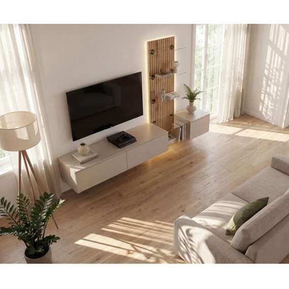 Tv-benk med veggpanel  LUZZ 220x160 cm - 3 dører - eik evoke - leira