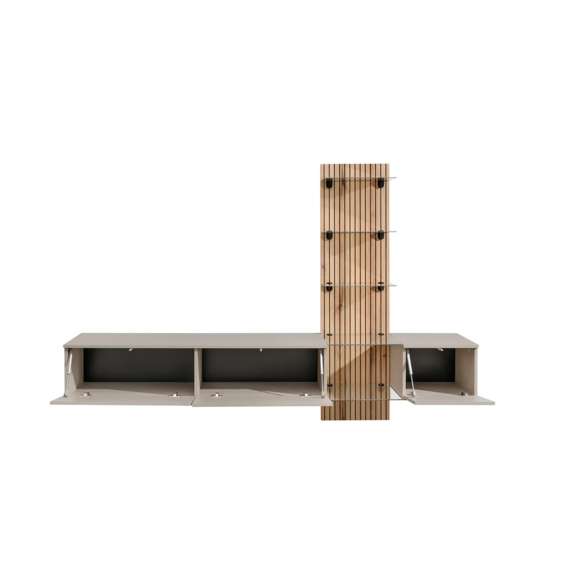 Tv-benk med veggpanel  LUZZ 220x160 cm - 3 dører - eik evoke - leira