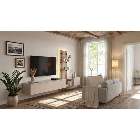 Tv-benk med veggpanel  LUZZ 220x160 cm - 3 dører - eik evoke - leira