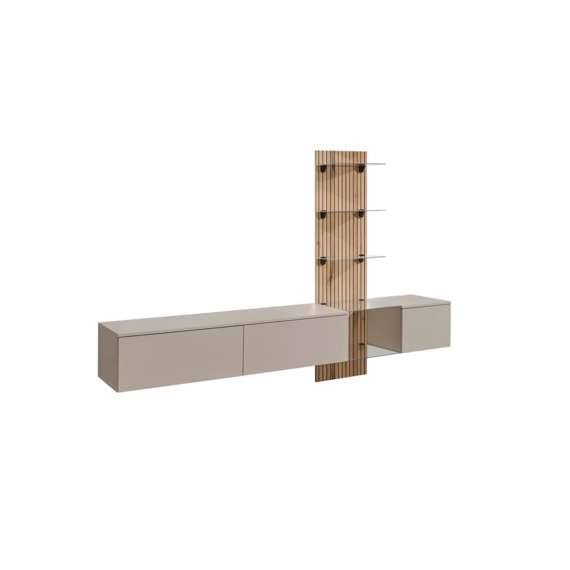 Tv-benk med veggpanel  LUZZ 220x160 cm - 3 dører - eik evoke - leira