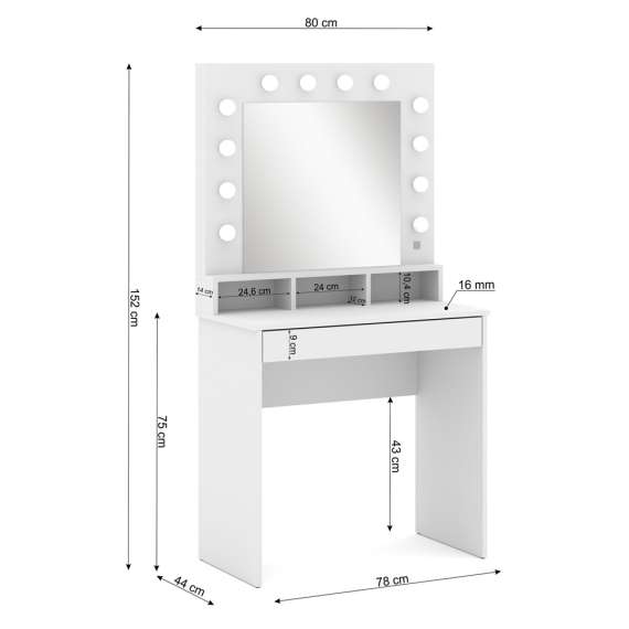 Sminkebord BROADWAY 80x152 cm - hvit matt - med speil