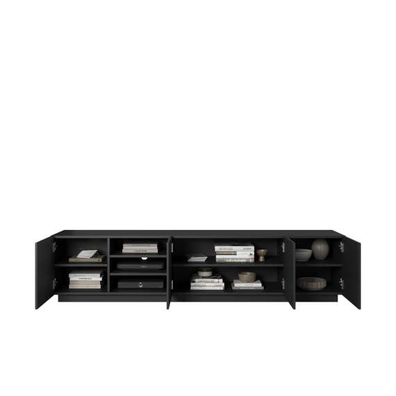 Tv-benk Asha 200x46 cm - sort - 4 dører - hyller