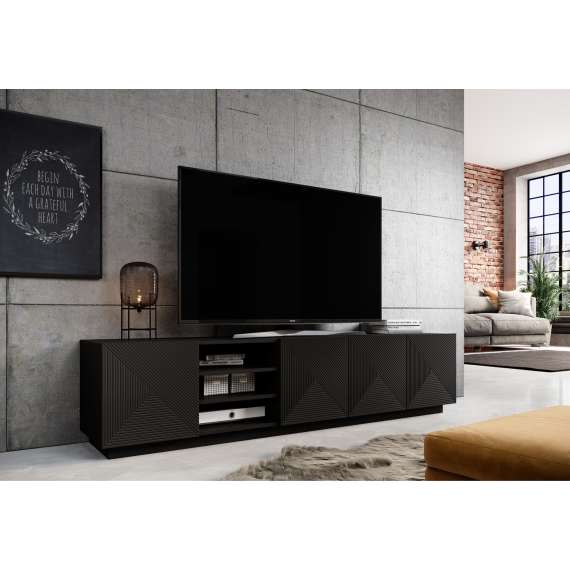 Tv-benk Asha 200x46 cm - sort - 4 dører - hyller