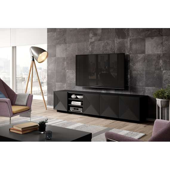 Tv-benk Asha 200x46 cm - sort - 4 dører - hyller