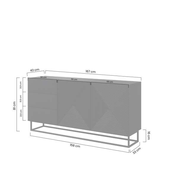 Skjenk Asha 167x81 cm - sort - 2 dører - 3 skuffer