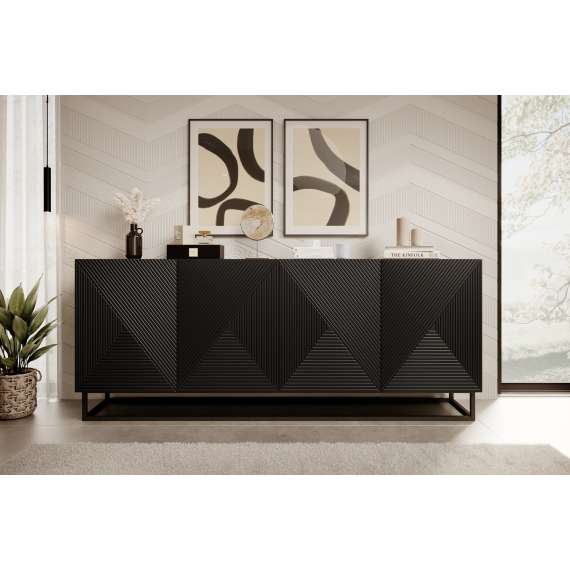 Skjenk Asha 200x81 cm - sort - 4 dører - metallramme
