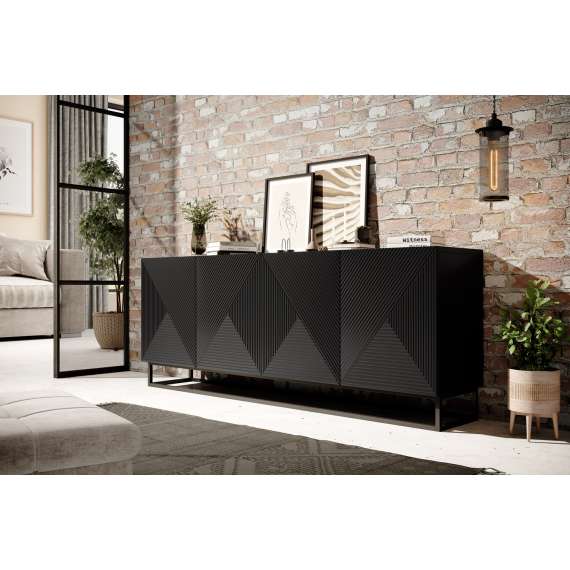 Skjenk Asha 200x81 cm - sort - 4 dører - metallramme