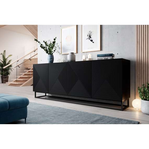 Skjenk Asha 200x81 cm - sort - 4 dører - metallramme