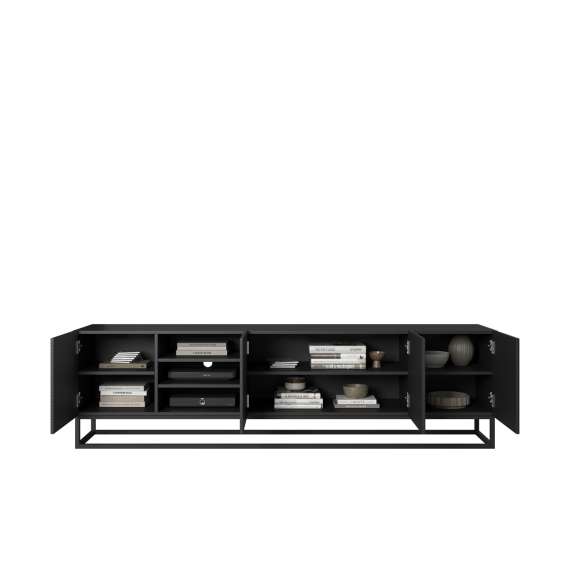 Tv-benk Asha 200x56 cm - sort - 4 dører - hyller
