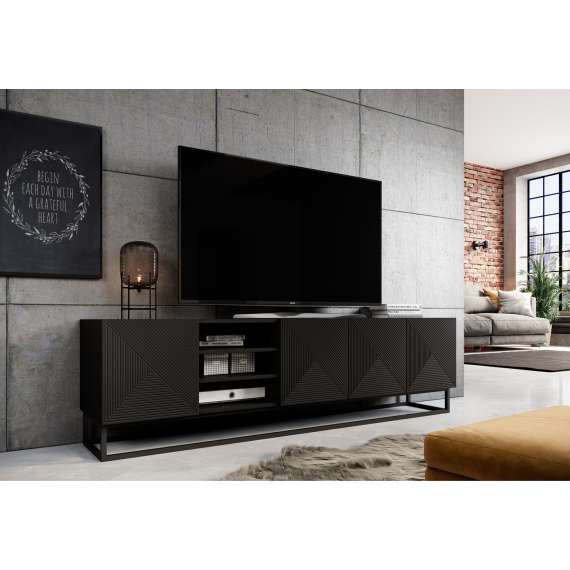 Tv-benk Asha 200x56 cm - sort - 4 dører - hyller