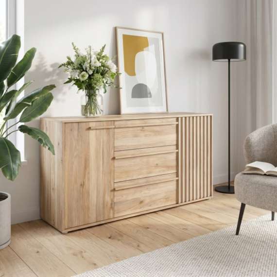 Skjenk ARKAN 163x85 cm - eik mauvella - beige sand - 2 dører - 3 skuffer