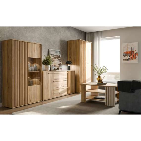 Skjenk ARKAN 163x85 cm - eik mauvella - beige sand - 2 dører - 3 skuffer