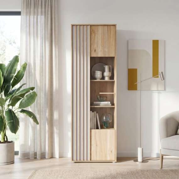 Vitrineskap ARKAN 64x200 cm - eik mauvella - beige sand - 1 dør