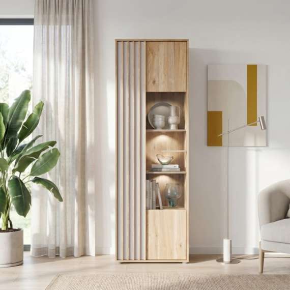 Vitrineskap ARKAN 64x200 cm - eik mauvella - beige sand - 1 dør